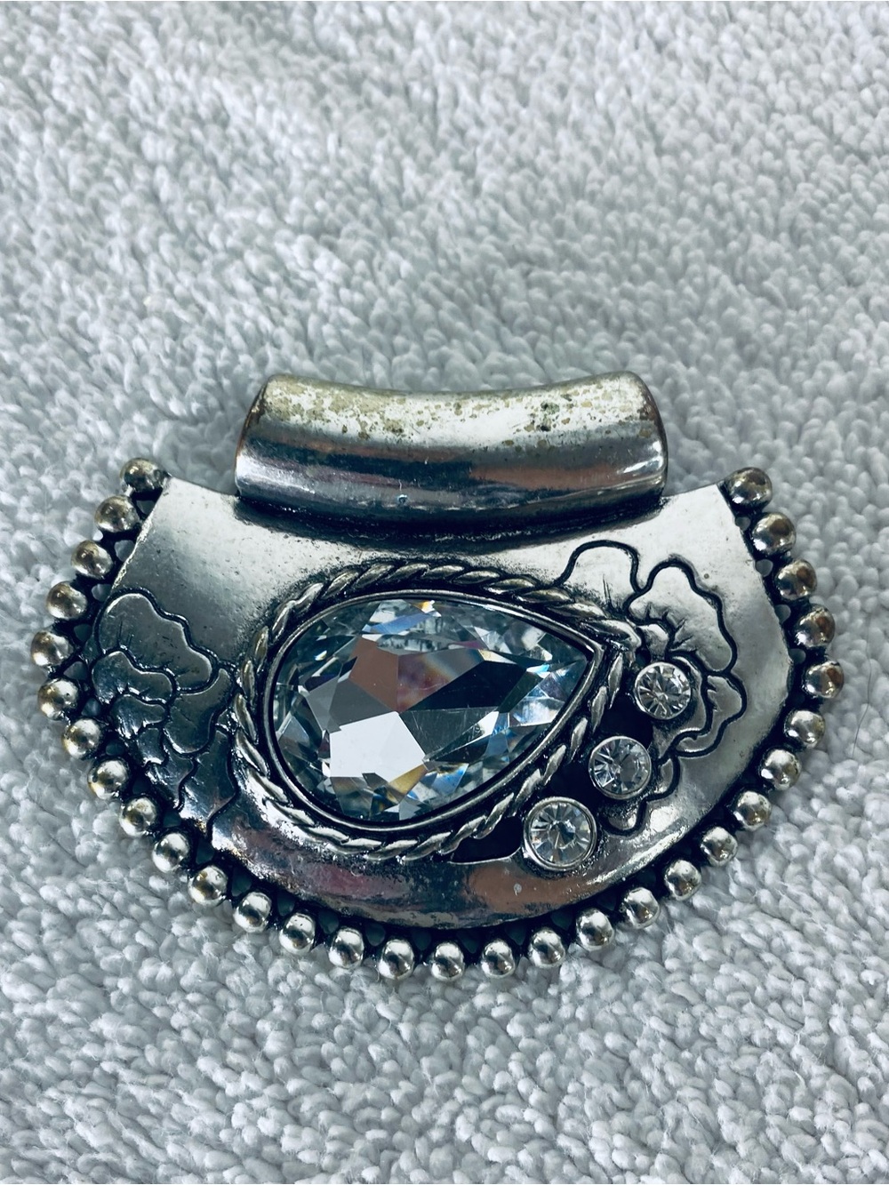 Vintage Silver Tone Slide Pendant Large Teardrop Crystal Beaded Western